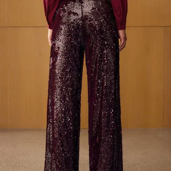 Burgundy Party Women's Contrast Sequin Straight Leg Suit Pants